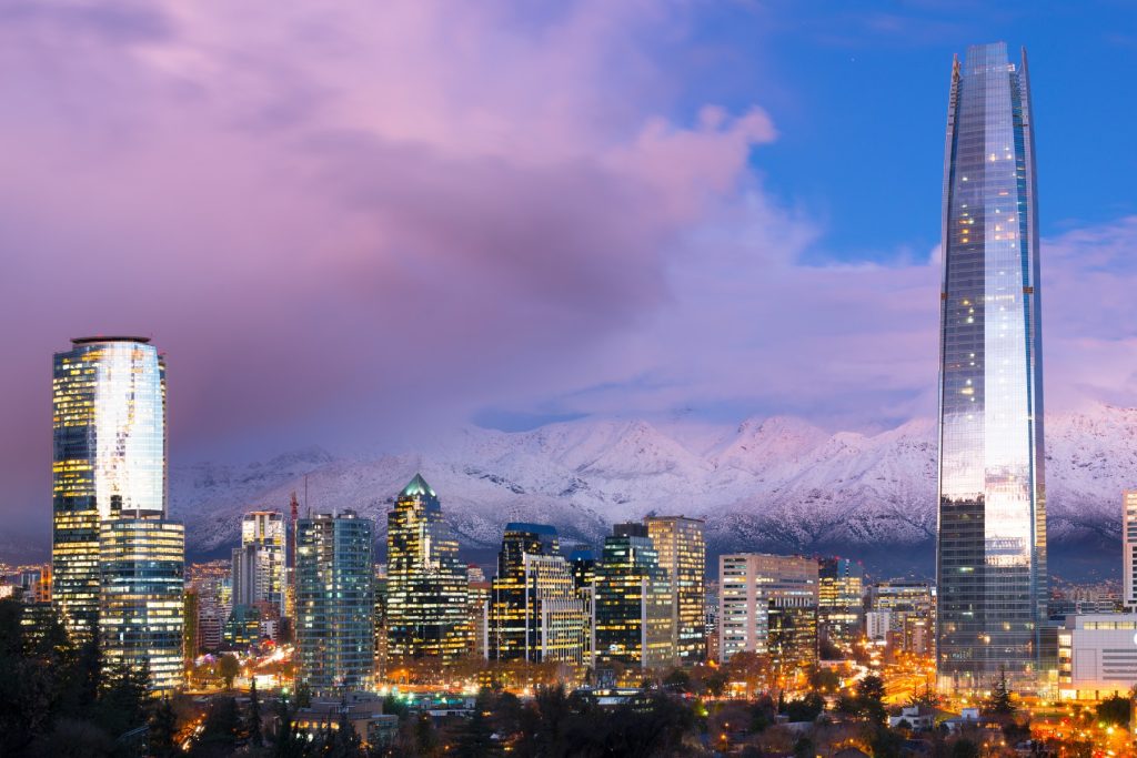 Skyline of financial district in Las Condes with Los Andes Mountains in the back, Santiago de Chile