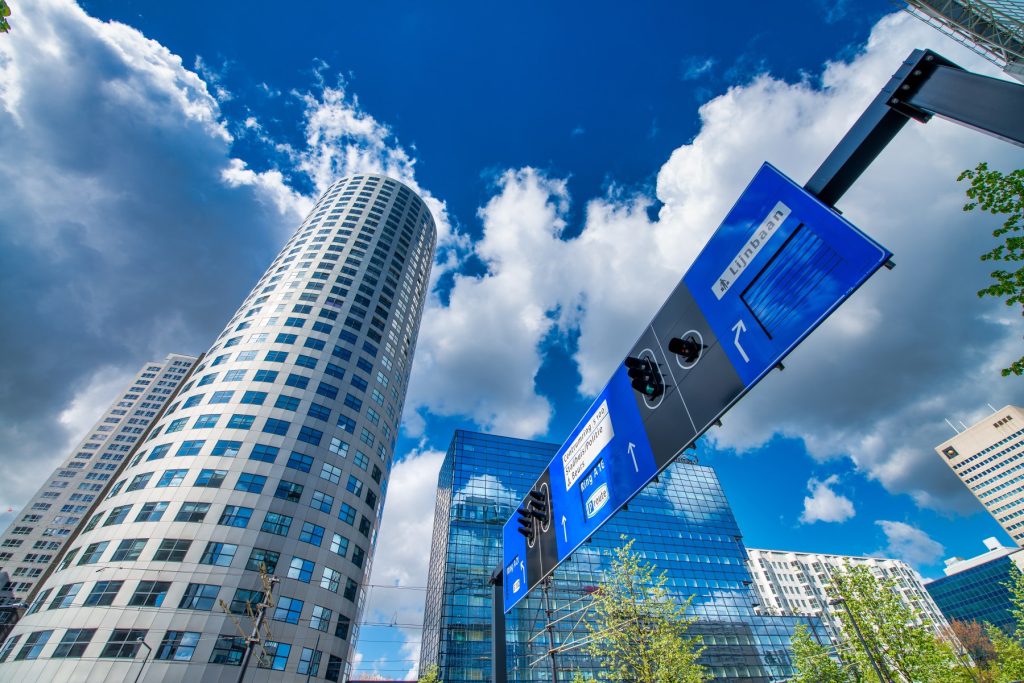 Rotterdam city center, The Netherlands. Buildings and road directions.