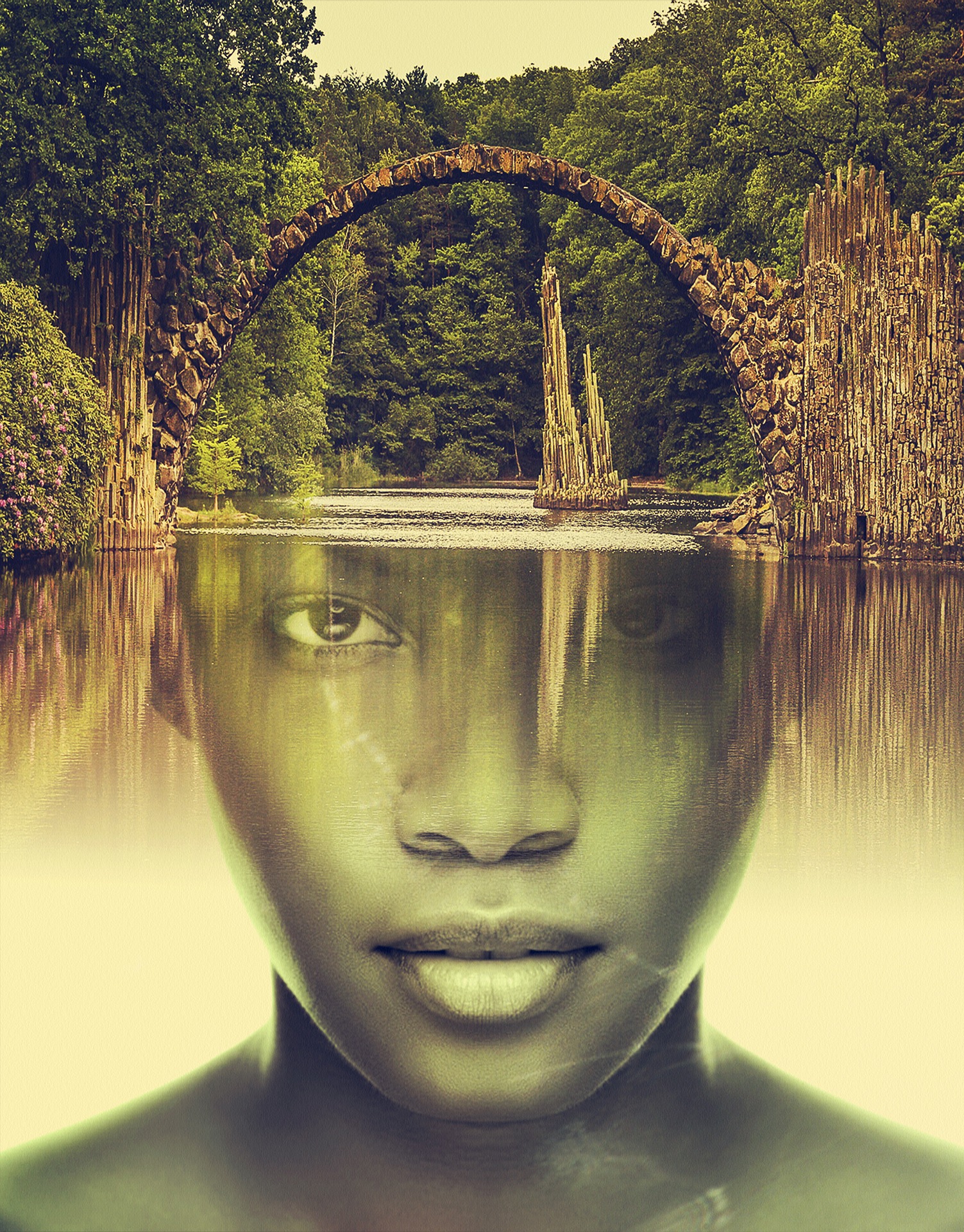 woman with a reflected portrait in a river