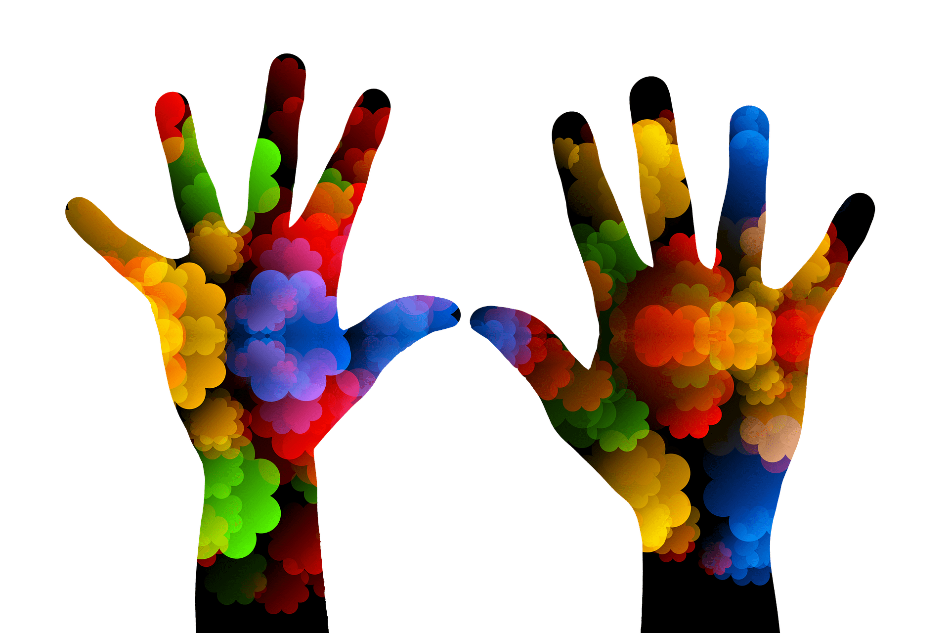 colorful hands raised up in the air
